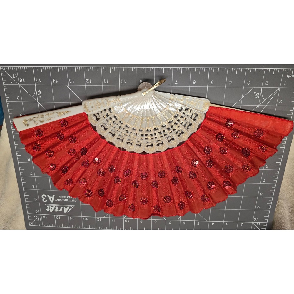 Vintage Style Red Sequin Embroidered Folding Hand Fan White Gold Filigree 9in